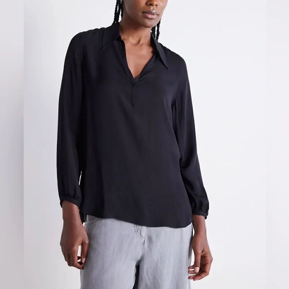 Lark & Ro Black Solid Collared Long Sleeve Blouse Top Size XL